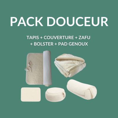 Pack Douceur : tapis de yoga en laine, zafu, bolster, couverture mini tapis pad genoux Yogom -20%
